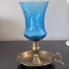 Solid Brass chamber stick candle holder with teal optical glass