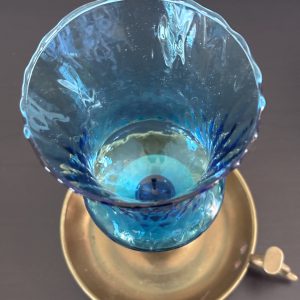 Alternative view of Solid Brass chamber stick candle holder with teal optical glass