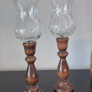 Wooden hand turned candle holders with 2 glass peg holders
